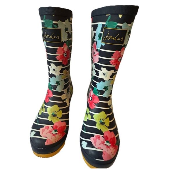 Joules Rain Boots Mid Calf Molly Welly Stripe Floral Size US: 8 UK: 6 - Picture 2 of 10